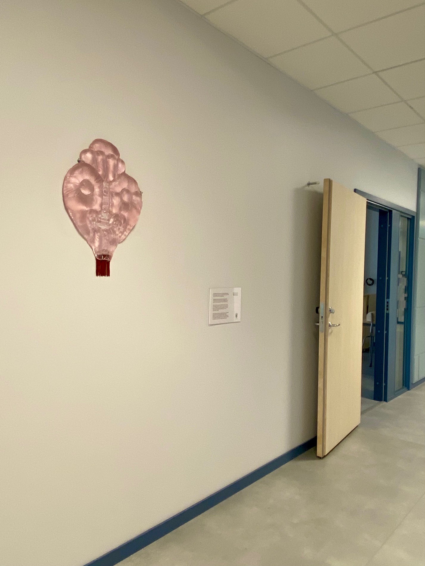 A pink glass wall relief with puffed, quilted swells around two round forms, ending in a short deep-red fringe, hung in a school corridor above a text plaque, next to an open light-wood door.