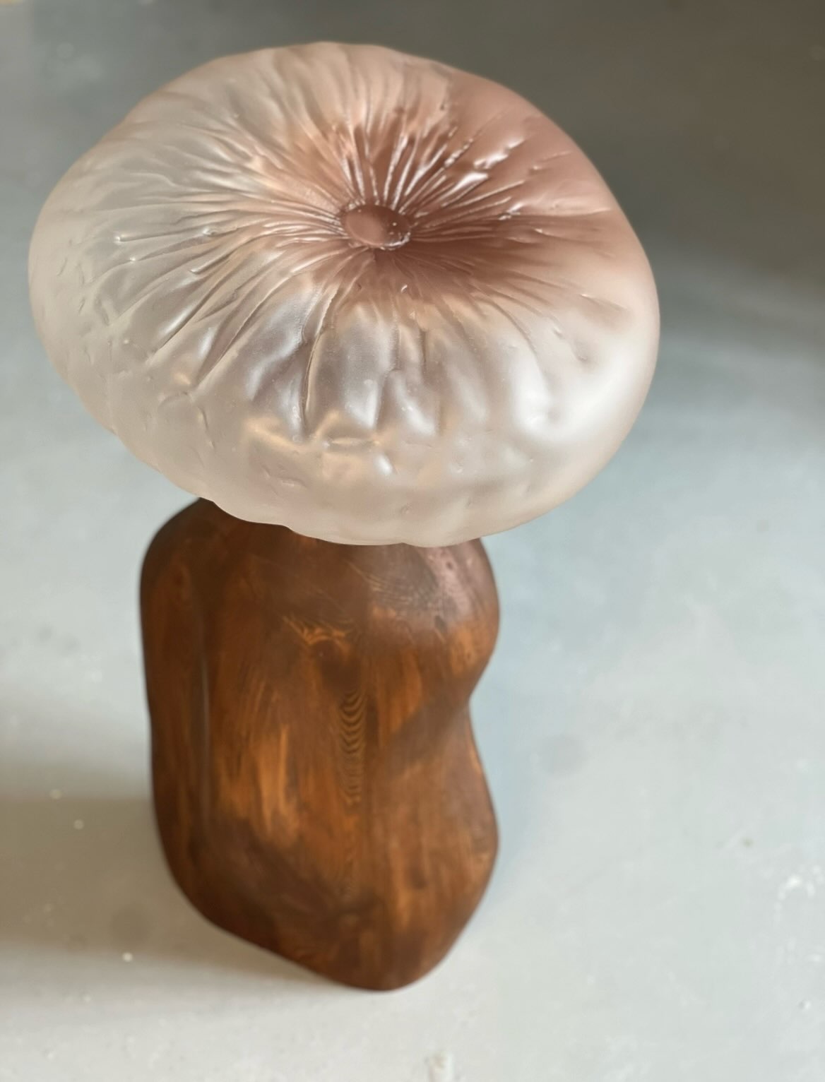 A frosted blush-pink glass form like a mushroom cap on a hand-carved wooden base.